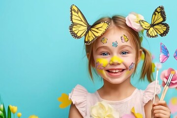 Smiling child with butterfly face paint and paper flowers against blue background, creativity and playful concept