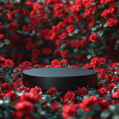 Stunning Red Rose Garden with a Modern Black Podium Perfect for Product Presentation