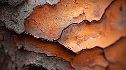  A tight shot of tree bark, colored orange and brown with distinct brown streaks from the paint application