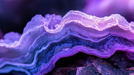 A tight shot of a violet-blue object, background blurred with rocky terrain and a distant, blue-tinted sky