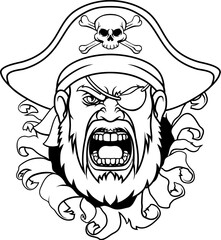 A pirate captain angry mascot cartoon man face or head breaking through the background.