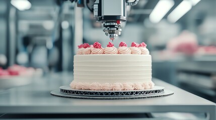 A beautifully decorated cake being crafted in a modern bakery with precise robotic technology, showcasing culinary innovation.