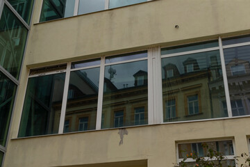 There is a considerable building featuring numerous windows, and right in front of it stands a beautiful, lush green tree