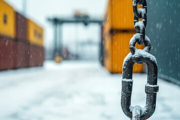 A close-up of a metal chain in a snowy shipping yard, with colorful containers blurred in the background, showcasing a winter atmosphere.