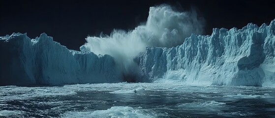 Dramatic glacier calving event with chunks of ice breaking off and crashing into the ocean