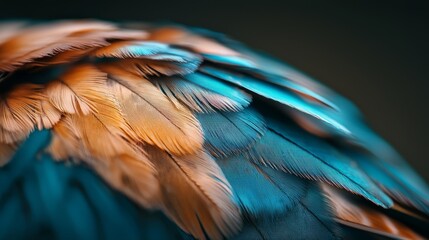 Obraz premium A tight shot of a blue-orange bird's intricately textured feathers against a stark black background