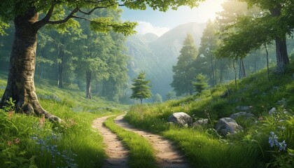 Fototapeta premium A serene path winding through a lush green forest with trees, grass, and a scenic view of mountains and clouds under a bright summer sky