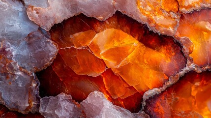 Obraz premium A tight shot of a rock showcasing orange-yellow crystals on its sides, and a black-and-white object nestled within its heart