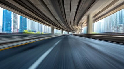 Highway overpass motion blur effect with modern city background