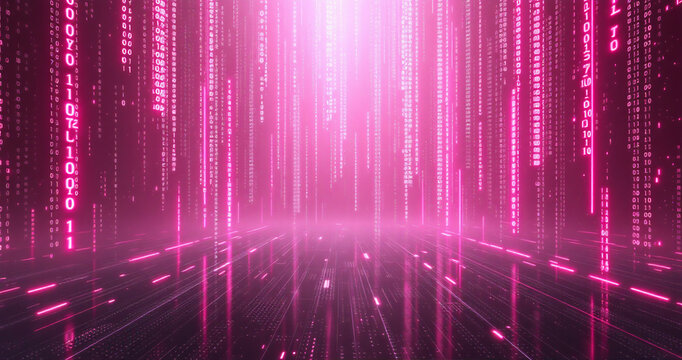 A digital landscape with cascading pink binary code, creating a matrix-like effect. The scene is immersive and futuristic, symbolizing the digital world and data flow.

