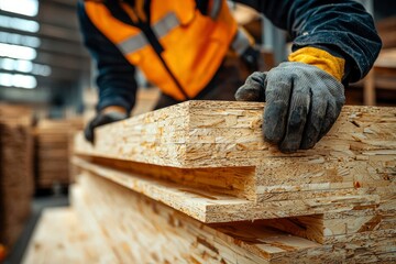 A Worker's Gloved Hand Resting on a Stack of Oriented Strand Board