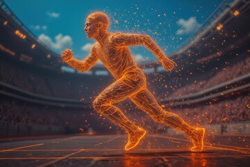 Futuristic Neon Runner on Stadium Track