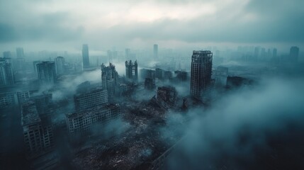 A desolate cityscape shrouded in fog, depicting urban decay and abandonment.