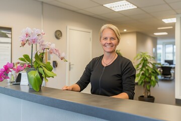 Receptionist welcoming guests with smile at office lobby desk, orchids in vase, warm and friendly greeting, hospitality concept