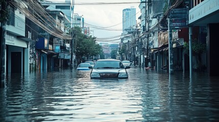 A flooded urban street with submerged cars and buildings, showing the devastating impact of extreme weather