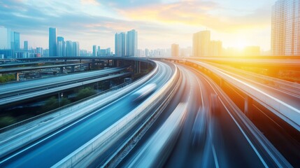 Obraz premium Highway overpass motion blur effect with modern city background