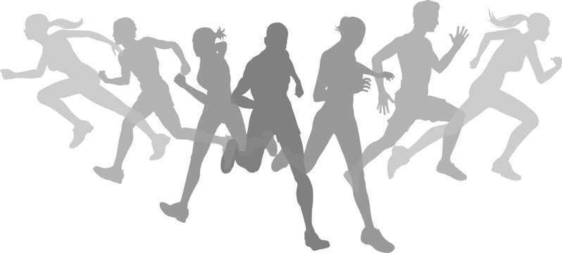 A set of silhouette runners running or jogging. Active sports people healthy players fitness silhouettes concept.