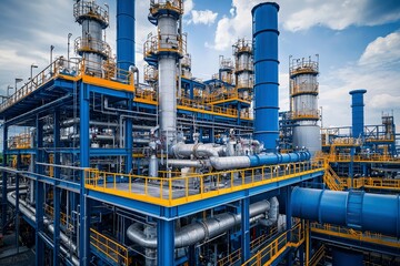 Industrial Complex with Blue Pipes and Yellow Catwalks