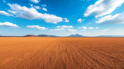 Fototapeta premium A vast desert landscape under a clear blue sky with fluffy clouds, showcasing the beauty of nature's simplicity and tranquility.