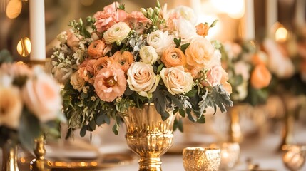 Luxurious wedding with gold accented details chic floral arrangements and elegant accents creating a glamorous setting for a formal and dining experience