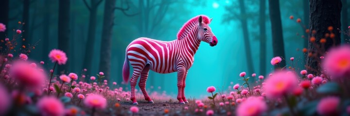 A whimsical pink-striped zebra stands amidst vibrant flowers in an enchanting forest, perfect for imaginative projects or children’s design work.