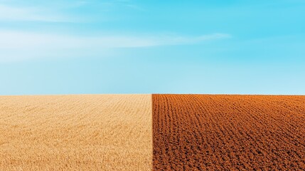 A vibrant landscape showcasing contrasting fields, one golden and ripe, the other rich brown, under a clear blue sky.