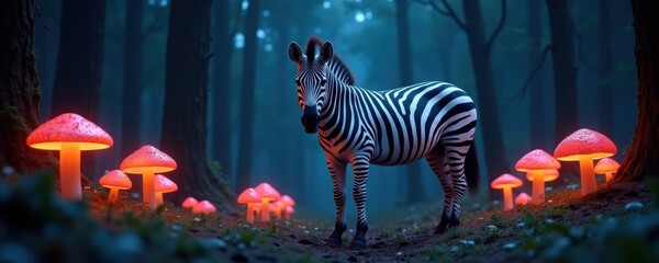 A surreal scene featuring a zebra surrounded by glowing mushrooms in a misty forest, perfect for creative projects in fantasy, wildlife, or nature themes.