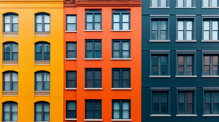A colorful photograph of three apartment buildings in a row