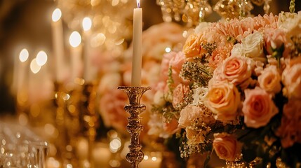 Glamorous gold toned wedding featuring chic floral arrangements and a custom design for a luxurious elegant event  The table setting includes candles ornate centerpieces and an opulent