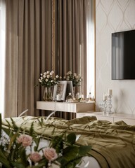 Modern bedroom with a stylish and luxurious design..