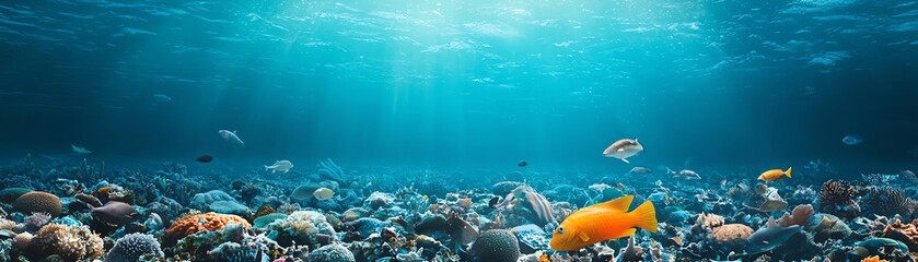 Obraz premium Breathtaking underwater scene showcasing vibrant marine life and colorful corals, illuminated by soft sunlight from above.