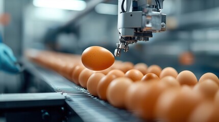 AI-powered egg sorting system in an automated production line, categorizing eggs by size and quality, AI egg sorting, Efficient, precise, automated