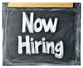 Now Hiring chalkboard sign with white text, transparent background