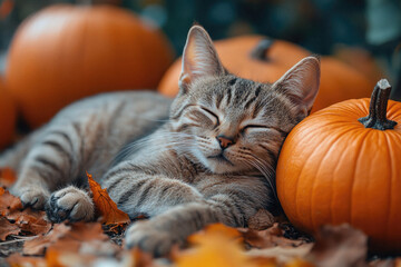 A cat is sleeping on a pile of leaves and pumpkins. The cat is surrounded by pumpkins of different sizes and colors. The scene has a cozy and warm atmosphere