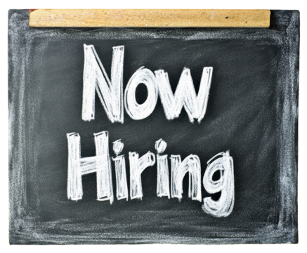 Now Hiring chalkboard sign with white text, transparent background