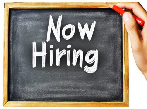 Now Hiring sign on a chalkboard with a hand holding red chalk