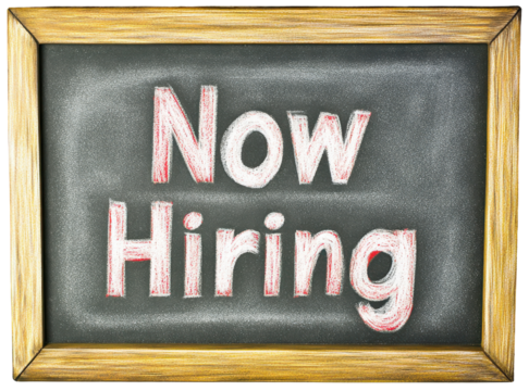 Now Hiring chalkboard sign with text in red and white