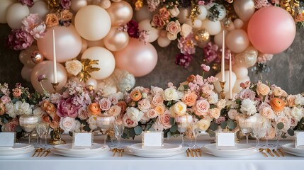 Fototapeta premium Lavish air balloon featuring an exquisite display of lush floral arrangements luxurious gold accents and a chic glamorous atmosphere creating a visually stunning and opulent scene