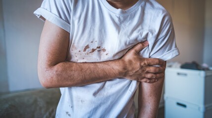 A photo of a person with a white t-shirt showing some stains. They are holding their left side, indicating discomfort or pain. The background is an indoor setting with a light-colored wall and a white