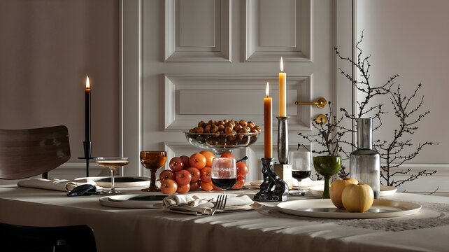 Dinner table setup with candles nuts and fruit..