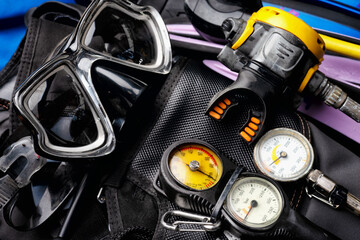 Scuba Fins, Regulator Octopus, Depth Gauge , Balanced Regulator ,Power Inflator ,Dive Mask and Snorkel , Scuba Gear for a Dive on a Boat