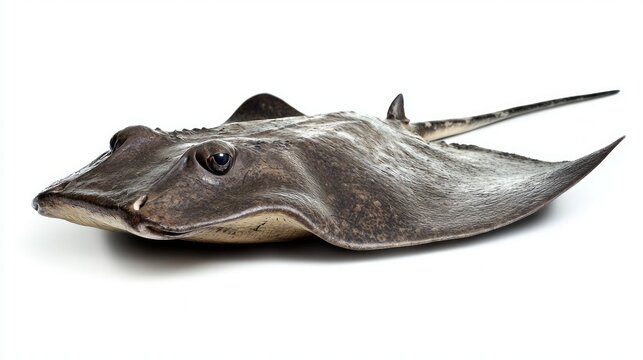 Giant Freshwater Stingray known as Himantura polylepis exhibits its distinctive shape and smooth skin while resting on a bright white surface emphasizing its physical characteristics.