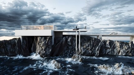 House with a helicopter on top of a cliff in the sea..