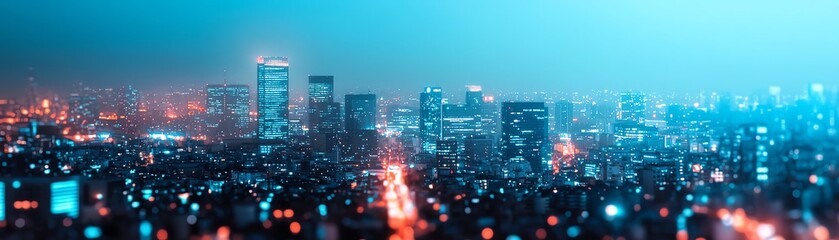 Obraz premium Vibrant city skyline at night with glowing lights and a modern atmosphere, showcasing the beauty of urban life and architecture.