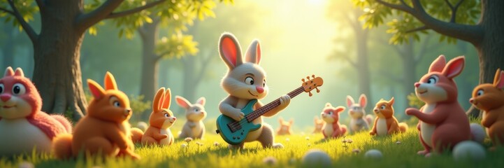 A joyful scene in a forest featuring animated rabbits enjoying music together, perfect for children’s media, storytelling, or themed decorations.