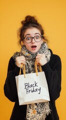 Black Friday Shopping Surprise - Excited Young Woman with Gift Bag

