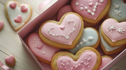 Valentine's Day cookie box, heart-shaped with romantic decorations generative ai
