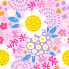 Summer seamless pattern, y2k. Vector hand drawn flowers, stylized daisies and sunflowers on pink background