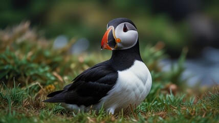 Naklejka premium A close-up portrait of a puffin sitting on a grassy cliff with its beak open.