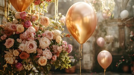 Luxurious air balloon with grand floral designs gold accents and a chic elegant atmosphere for a glamorous event  Lavish party and premium occasion